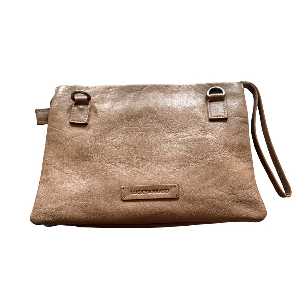 Lucky Brand Tan Leather Triple Compartment Wristlet Clutch Bag